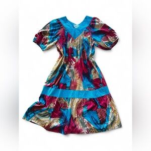Krist Gudnason Vintage Caftan Mumu V neck Short Sleeve Abstract Print Dress